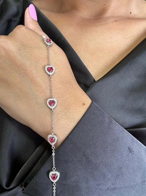 Pulseira Coração vazado Rubi com alongador Prata 925 Ródio