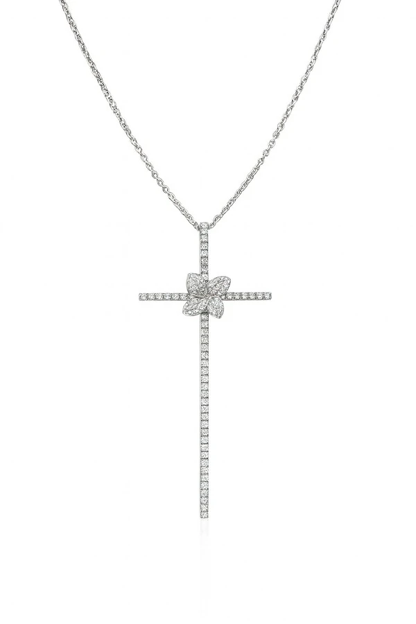Colar Cruz maleável flor centro zircônia Prata 925 Ródio