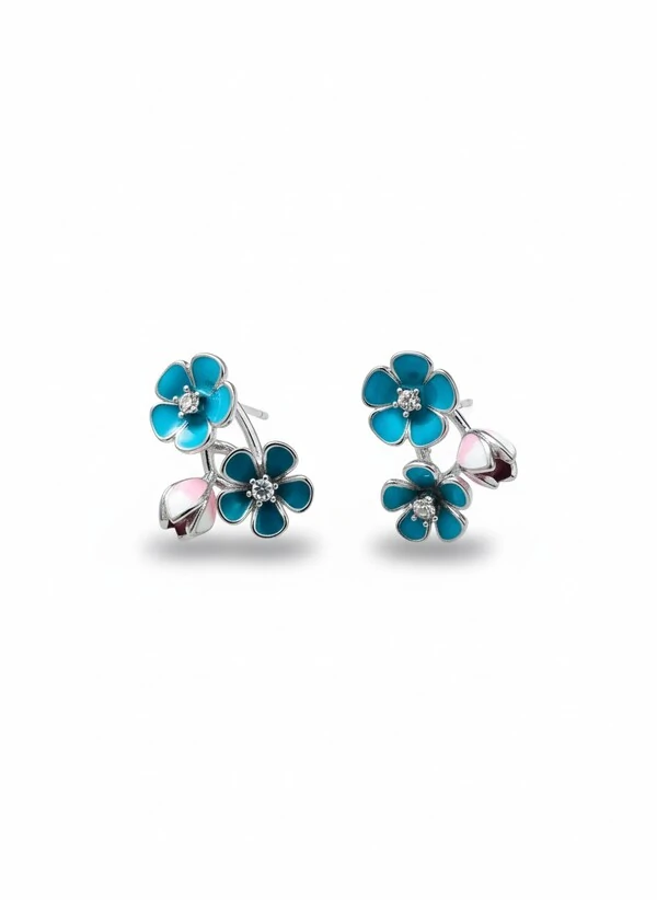 Brinco Flor resina azul e 2 pontos luz Prata 925 Ródio