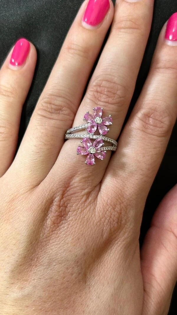 Anel 2 flores Topázio Rosa fusion Zircônia Prata 925 Ródio