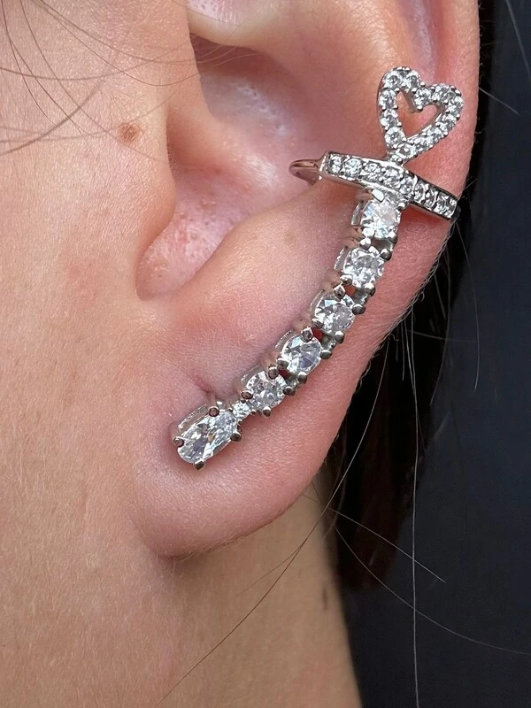 Brinco Ear cuff Coração Zircônia Prata 925 Ródio
