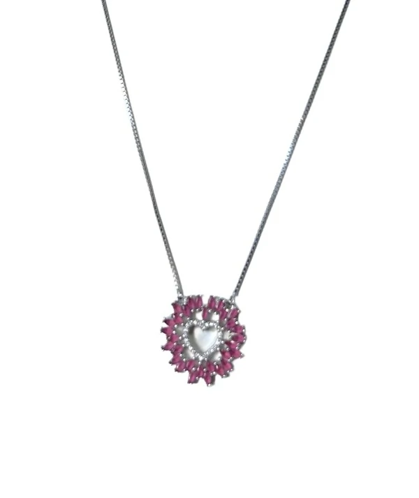 Colar Gravata Coração Zircônia Topázio Rosa Prata 925 Ródio