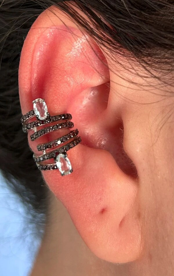 Brinco Piercing Fake 2 Cristal Topázio Prata 925 Ródio Negro