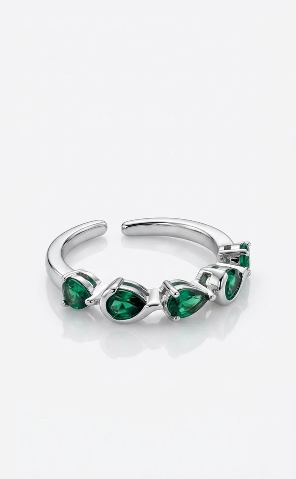 Anel Cristal Verde Ajustável Prata 925 Ródio