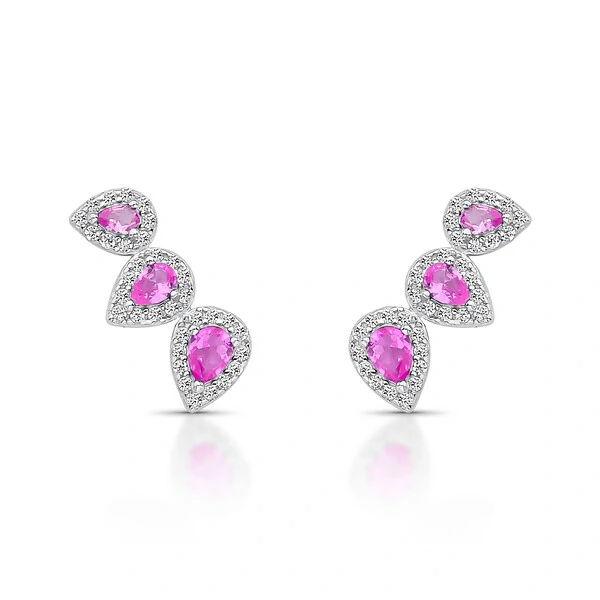 Brinco Ear Cuff três gotas P topázio rosa zircônia Prata 925 Ródio