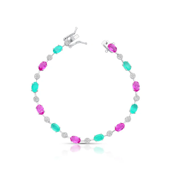 Pulseira Riviera faca oval 17 cm turmalina zircônia topázio rosa Prata 925 Ródio