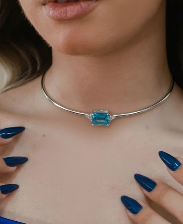 Colar choker com alongador topázio azul zircônia Prata 925 Ródio