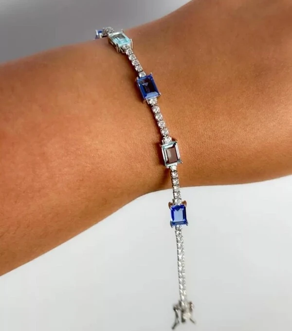 Pulseira Riviera retangular topázio azul zircônia 17 cm Prata 925 Ródio
