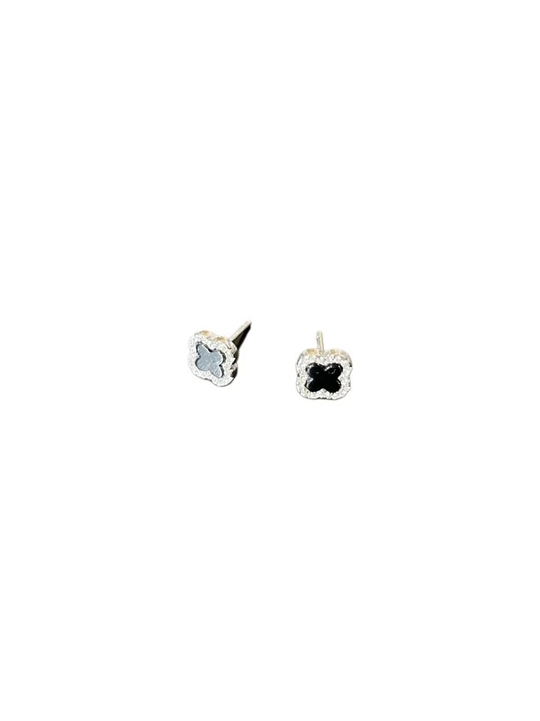 Brinco Flor onix PP Prata 925 Ródio