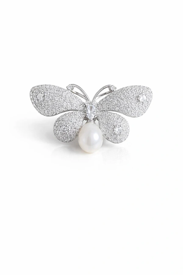 Pingente Broche Borboleta pérola zircônia micro cravação Prata 925 Ródio