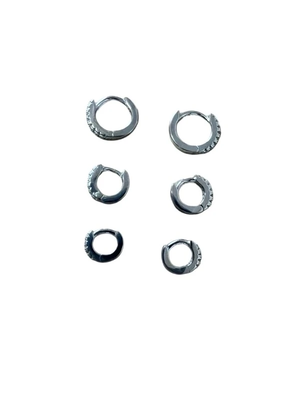 Brinco Trio 3 argolas zircônia Prata 925 Ródio