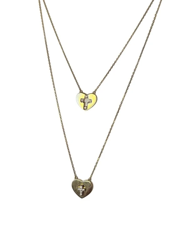 Colar escapulário dois coração Cruz Prata 925 Ouro 18K