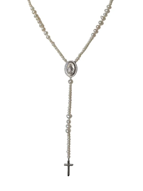 Colar Terço Pérola Nossa Senhora Prata 925 Ródio