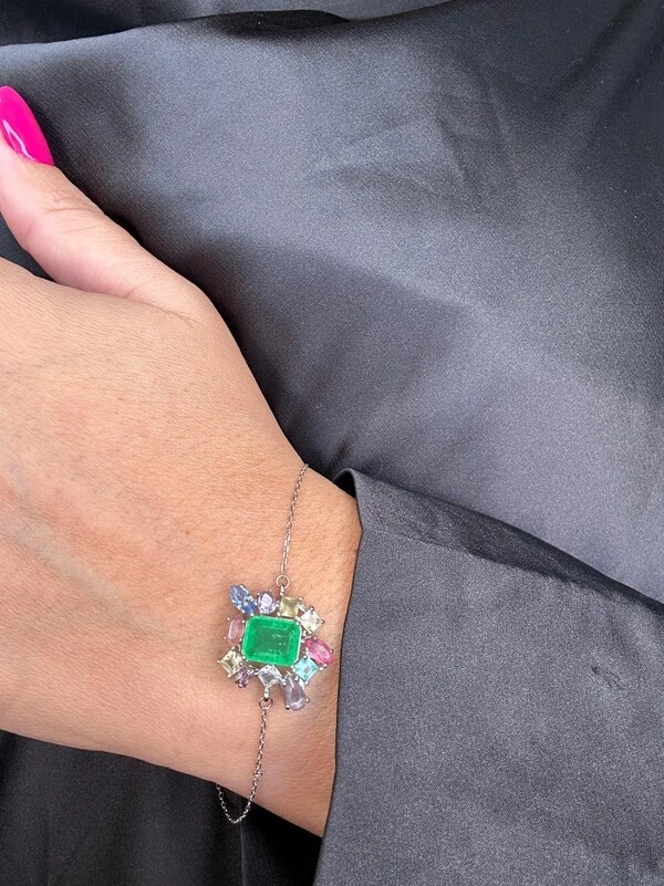 Pulseira Esmeralda fusion Colors Quadrada Gravata Em Prata 925 Com Banho Em Ródio