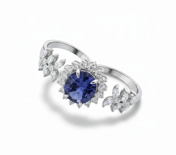 Anel dois dedos ajustável oval tanzanita zircônia Prata 925 Ródio