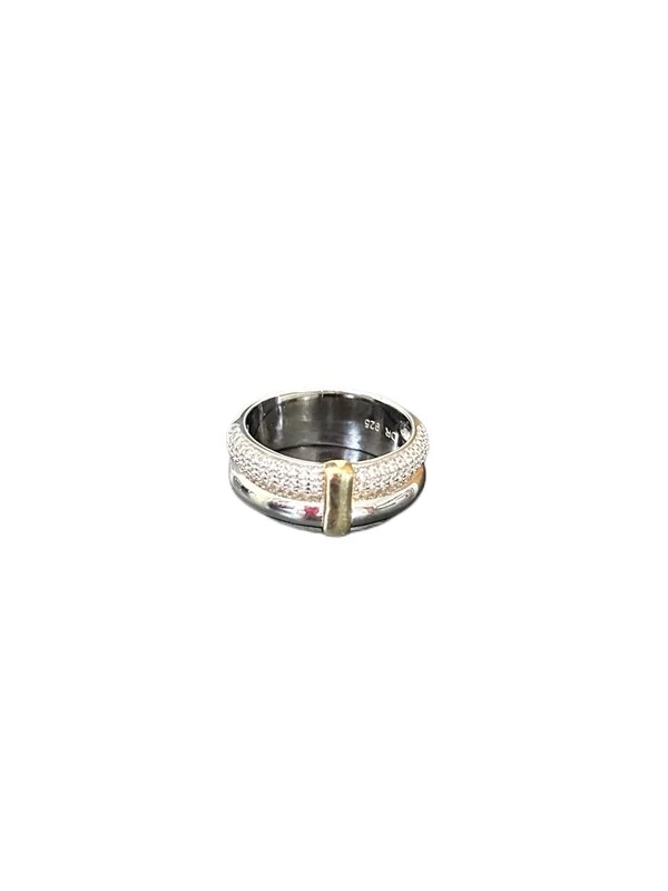 Anel Duplo Zircônia Filete Ouro Prata 925 Ródio