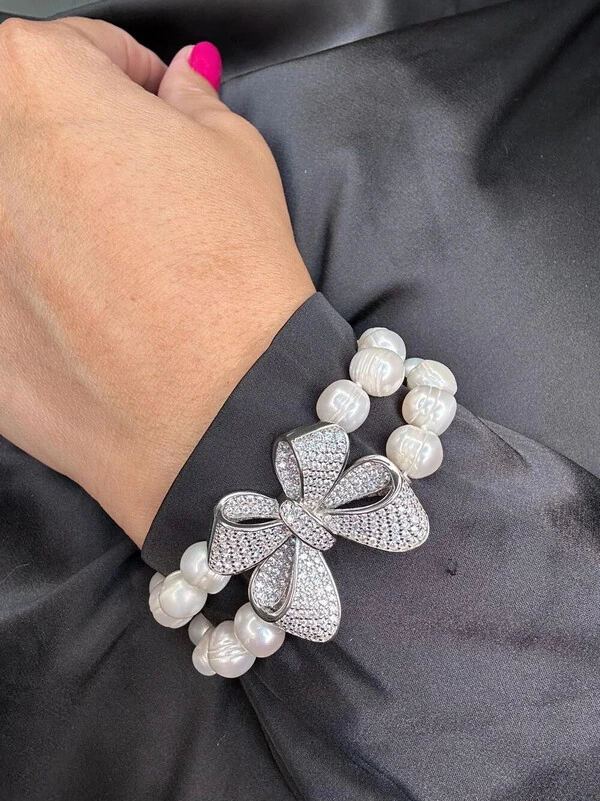 Pulseira Pérola Barroca Laço cravejado 17 cm Prata 925 Ródio