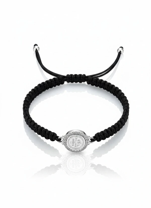 Pulseira São Bento macramê preta Prata 925 Ródio