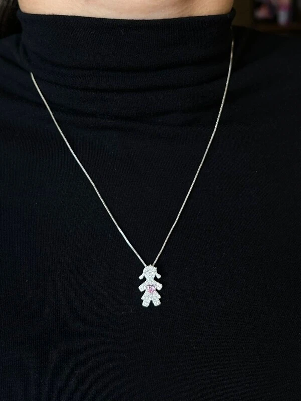 Colar Menina Topázio Rosa Zircônia Prata 925 Lisa