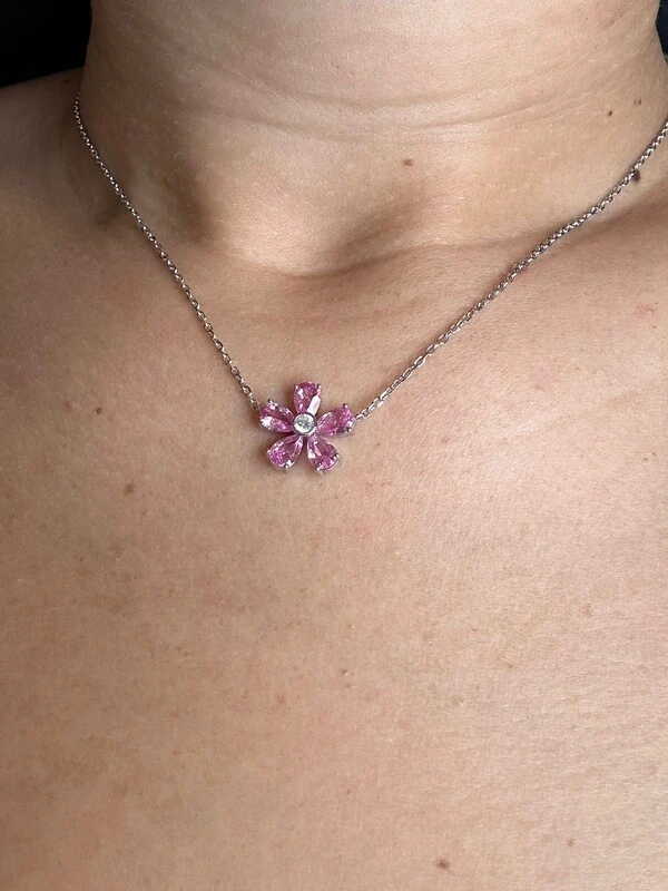 Colar 1 flor zircônia rosa Prata 925 Ródio