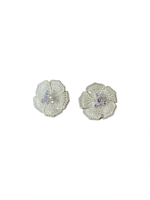 Brinco Flor Zircônia Tanzanita Prata 925 Ródio