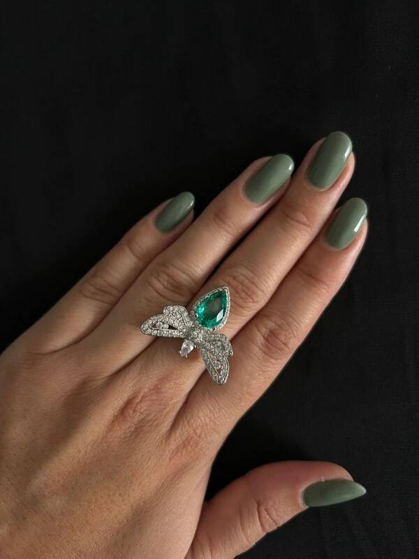 Anel Abelha Turmalina Verde Fusion Zircônia Prata 925 Ródio