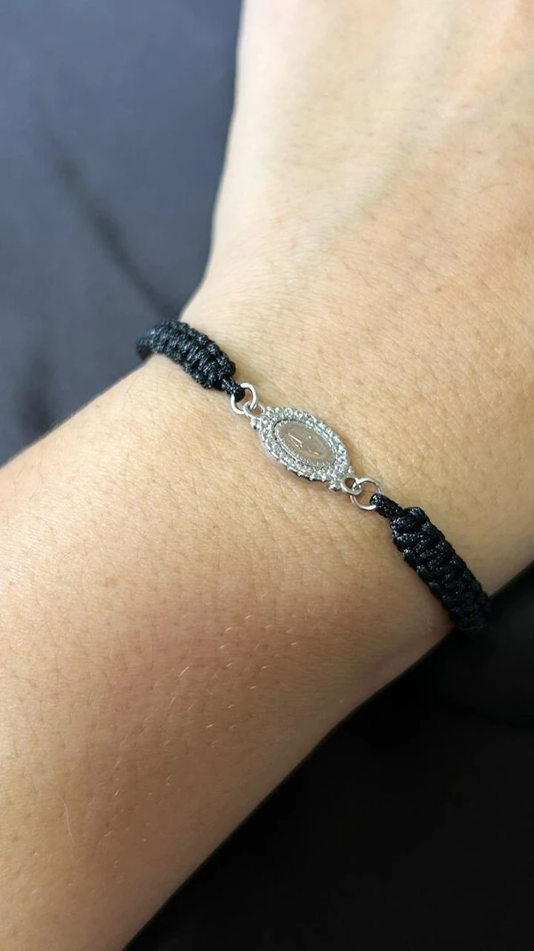 Pulseira Nossa Senhora zircônia macramê preta Prata 925 Ródio