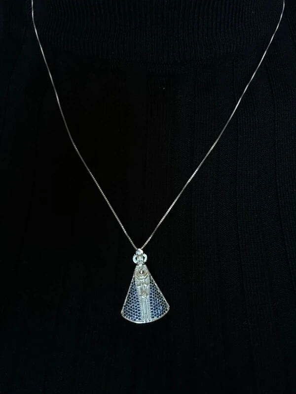 Colar Nossa Senhora Manto safira azul Prata 925 Ródio