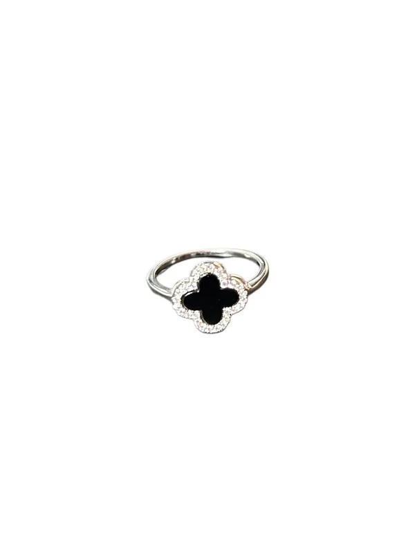 Anel Flor onix Prata 925 Ródio