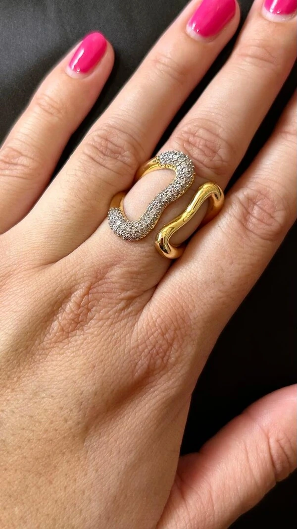 Anel um lado zircônia ajustável Prata 925 Ouro 18 k