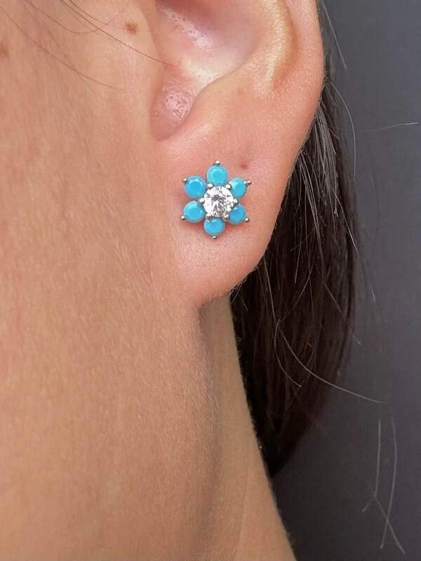 Brinco Flor Turquesa Leitosa Prata 925 Ródio