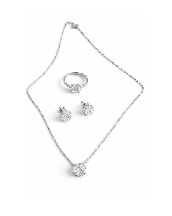 Conjunto Brinco Anel Colar illusion 8 mm Prata 925 Ródio