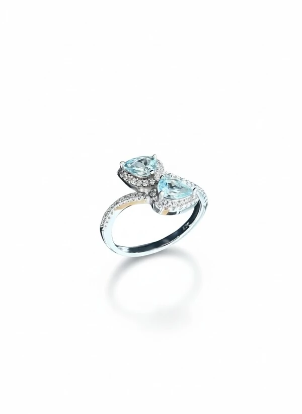 Anel GotaTopázio Azul torcido 2 pedras Prata 925 Ródio