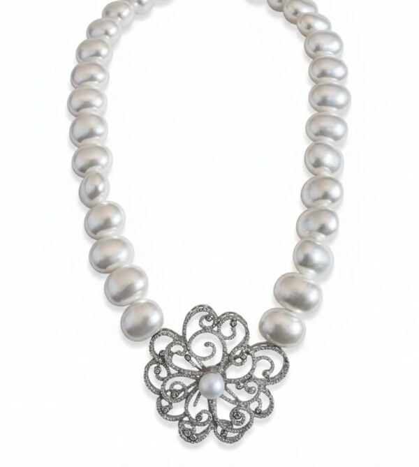 Colar Flor Pérola shell zircônia 48 cm Prata 925 Ródio