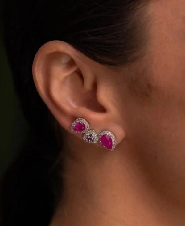 Brinco Ear Cuff três gotas topázio rosa ametista zircônia Prata 925 Ródio