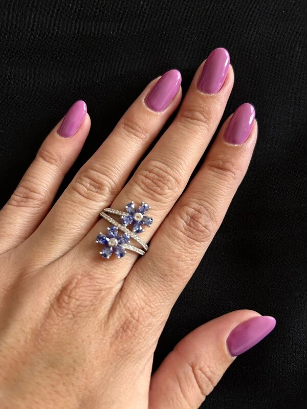 Anel 2 flores zircônia tanzanita Prata 925 Ródio
