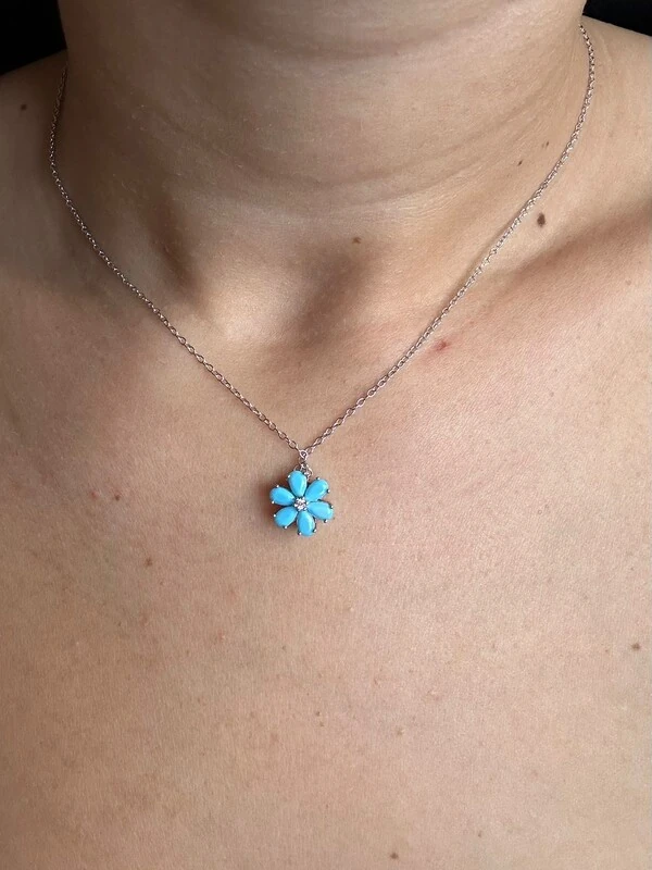 Colar flor turquesa Prata 925 Ródio