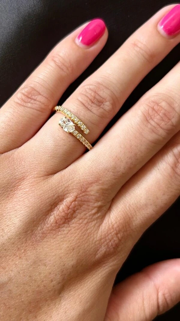 Anel fino ajustável 1 pedra oval zircônia Prata 925 Ouro 18 k