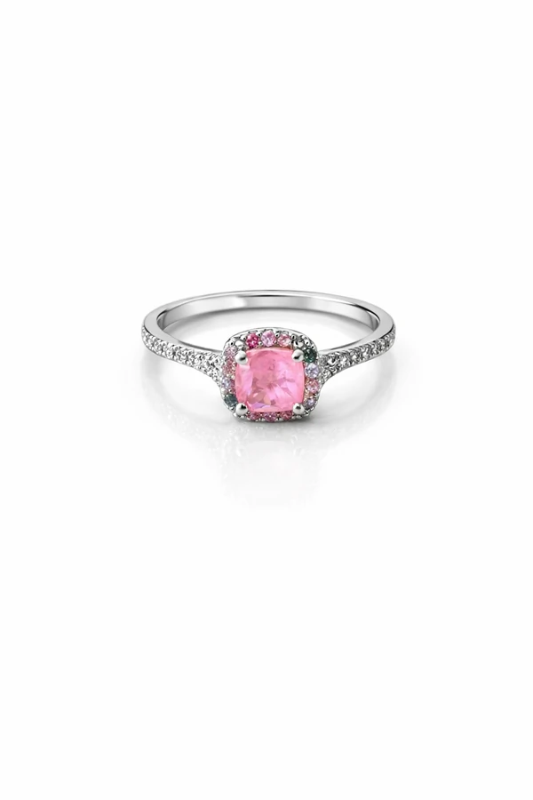 Anel Quadrado Turmalina Rosa fusion Prata 925 Ródio