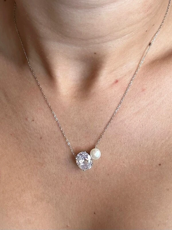 Colar Pérola e zircônia Oval Prata 925 Ródio