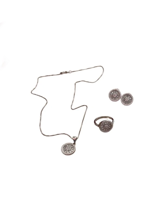 Conjunto Colar Brinco Anel Pizza Prata 925 Ródio