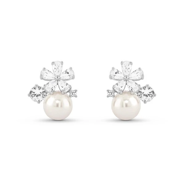 Brinco Flor zircônia Pérola Prata 925 Ródio