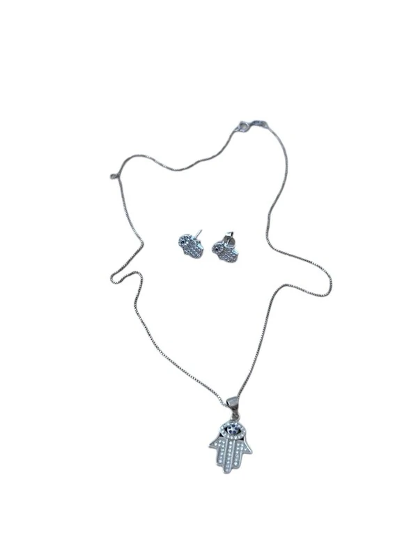 Conjunto Colar e Brinco Mão Hinsa Prata 925 Ródio