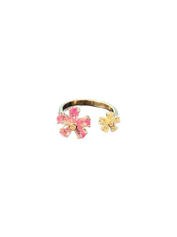 Anel 2 flores aberto zircônia rosa e branca Prata 925 Ródio