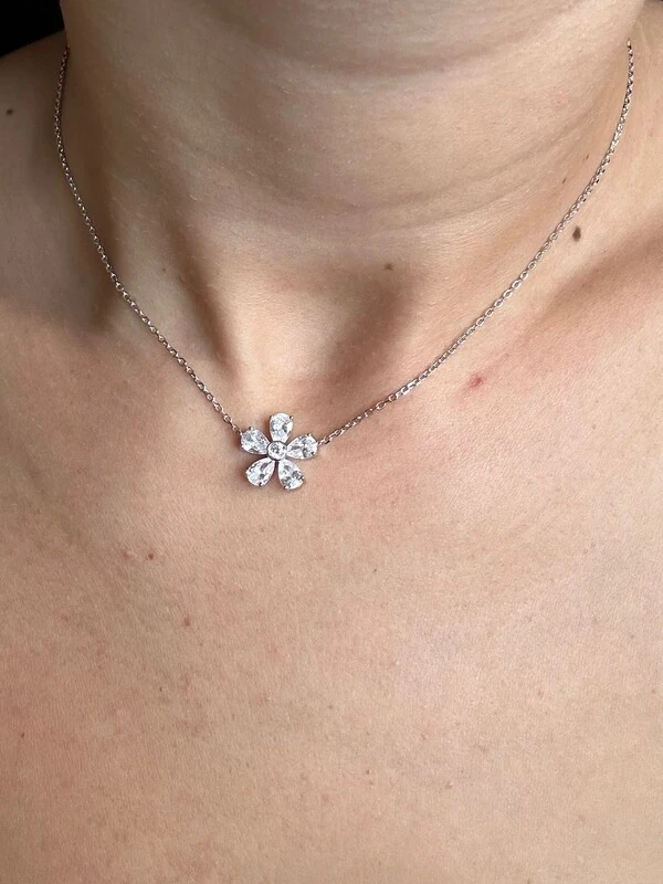 Colar 1 flor zircônia branca Prata 925 Ródio