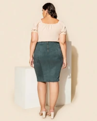 Saia Plus Size Lápis Em Suede Verde Petróleo