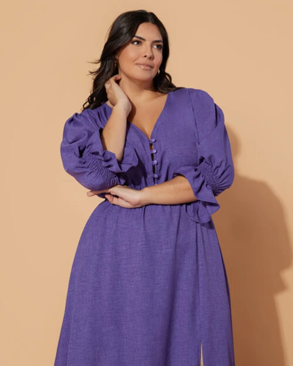 Vestido Plus Size Linho Rosê Pink Verde E Roxo Manga Princesa
