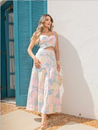 CONJUNTO TOP E SAIA FLORAL DIVAS VOGA