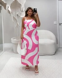 VESTIDO MIDI GEOMETRICO ROSA MILLIOSSI