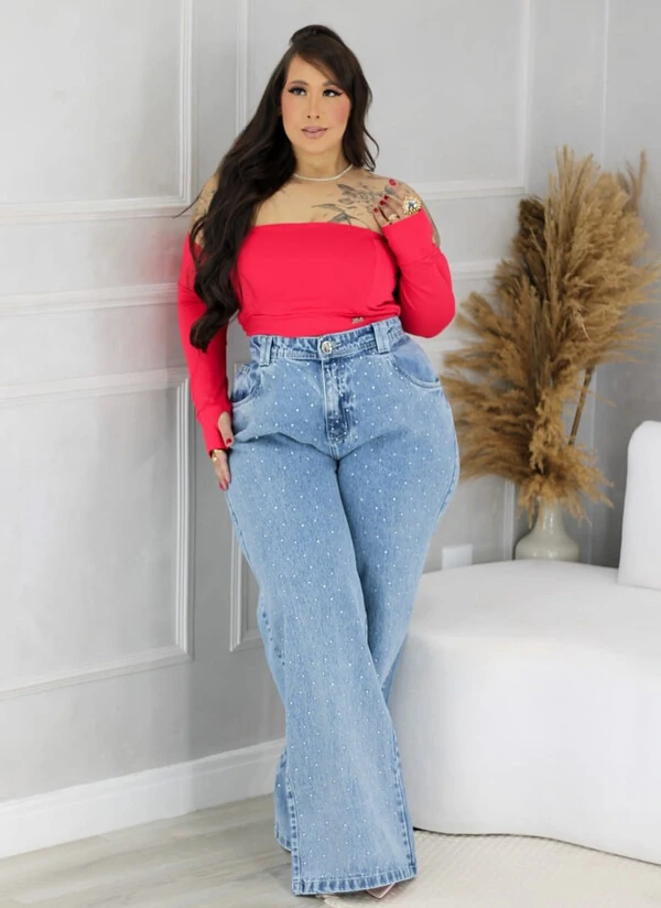 CALÇA JEANS WIDEG STRASS FOF